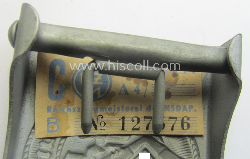 'Anodised'- (and 'virtually mint'!) 'HJ'- (ie. 'Hitlerjugend'-) related enlisted-mens'- (ie. NCO-) type belt-buckle being a non-maker-marked example that still retains its (period glued-in!) 'RzM'-etiket and that comes in a wonderful, cond...