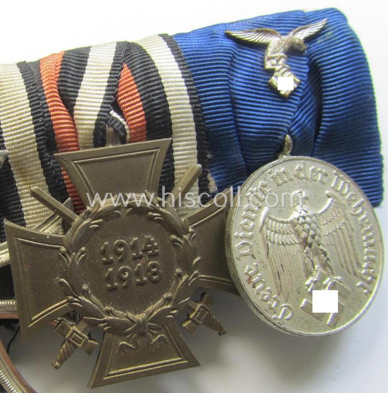 Attractive, WWI- (ie. TR-) period so-called: 'Ordenspange' (being of the non-'detachable-pattern') showing resp. an: 'EK II. Kl.'. a: 'FKK 1914-18 mit Schw.' and a: WH (Luftwaffe) 'DA der 4. Stufe'