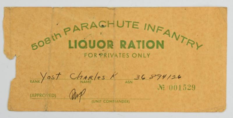 US WW2 508th Parachute Infantry Regiment Liquor Ration Coupon
