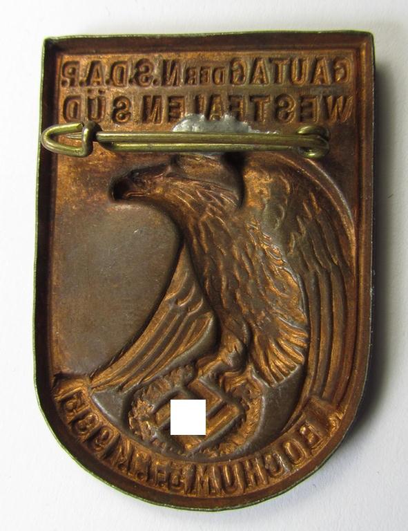 Commemorative - copper-based- and/or bronze-coloured - N.S.D.A.P.-related 'tinnie', being a non-maker marked example, depicting an eagle-device resting on a swastika surrounded by the text: 'Gautag der N.S.D.A.P. - Westfalen Süd - 5.7./1/1935' 