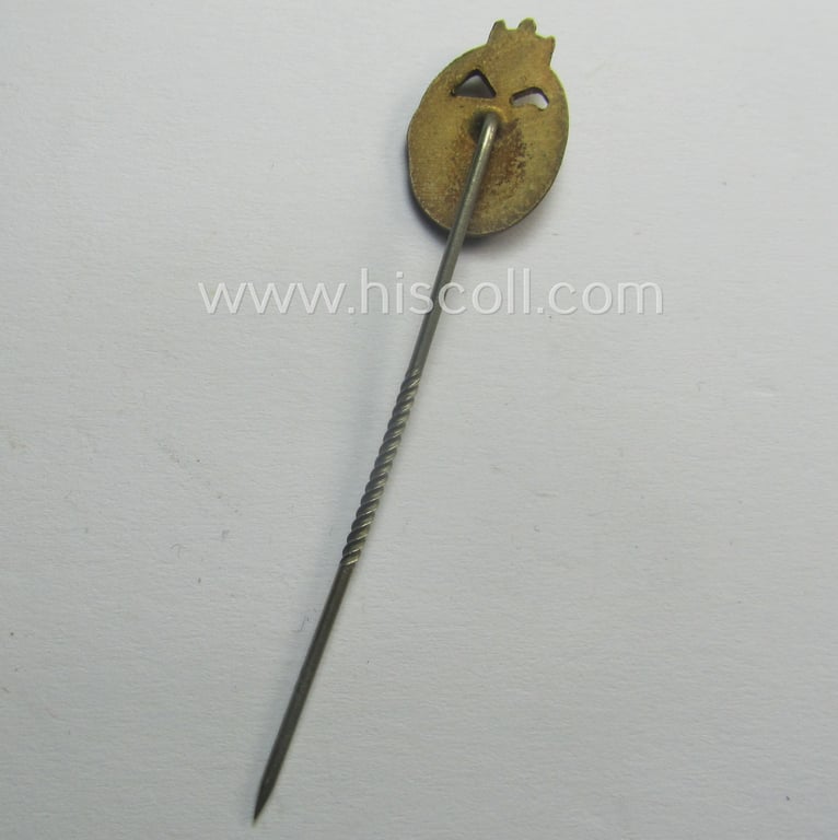 Neat - and 17 mm. sized! - miniature-lapel-pin depicting a: 'Panzerkampfabzeichen in Bronze' (or: bronze-class panzer-assault-badge ie. PAB) being a non-maker-marked example as executed in golden-bronze-coloured metal