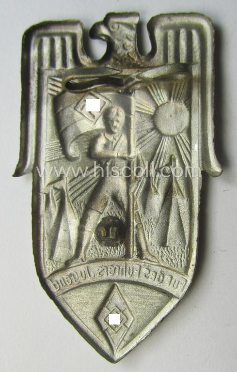 Silver-toned, HJ/BDM (ie. 'Hitlerjugend' or: 'Bund Deutscher Mädel') day-badge (ie. 'tinnie' or: 'Veranstaltungsabzeichen') entitled: 'Für des Führers Jugend' as was issued to commemorate participation within a specific youth-event