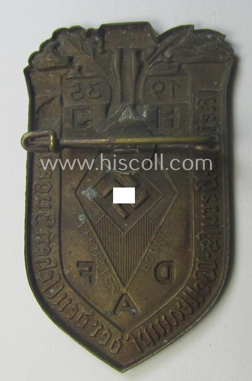 Commemorative, golden-bronze-toned, 'DAF'/'HJ'- (ie. 'Deutsches Arbeits Front o. Hitlerjugend'-) related 'tinnie' being a non-maker-marked example depicting a: 'HJ-raute' and text: 'Reichs-Berufs-Wettkampf der deutschen Jugend 1935'
