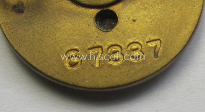 Stunning - and rarely seen! - 'Goldenes Ehrenzeichen der N.S.D.A.P.' (or: 'kleines Partei-Abzeichen für den Zivilanzug') being a smaller-sized- and (typical) non-maker-marked 'variant' showing the unique bearers'-number that reads: '67337'