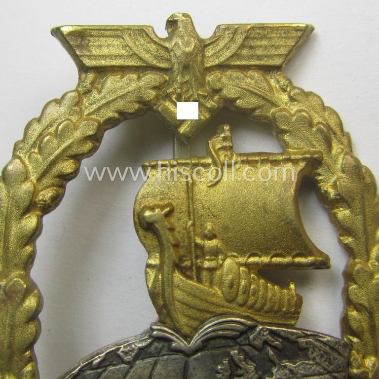 Superb, WH (Kriegsmarine) 'Hilfskreuzer-Kriegsabzeichen' (or: auxiliary-cruiser war-badge) being a typical, non-maker-marked- and/or: 'Buntmetall'-based example as was produced by the desirable: 'C.E. Juncker'-company