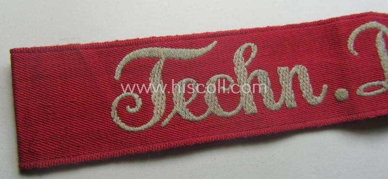 Never before seen - and unidentified! - bright-pink-toned and neatly 'BeVo'-woven, TR-period cuff-title (ie. 'Ärmelstreifen') depicting the greyish-silver-toned text: 'Techn. Dienst'