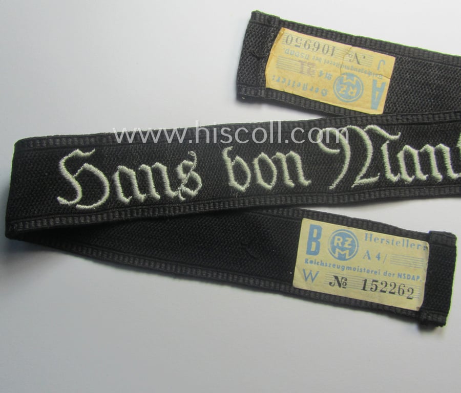 Superb, SA- (ie. 'Sturmabteilungen') honorary-cuff-title (ie. 'Ärmelstreifen') entitled: 'Hans von Manteuffel' (as was intended for SA-members serving within the: 'SA-Standarte Posen / SA-Gruppe Wartheland')