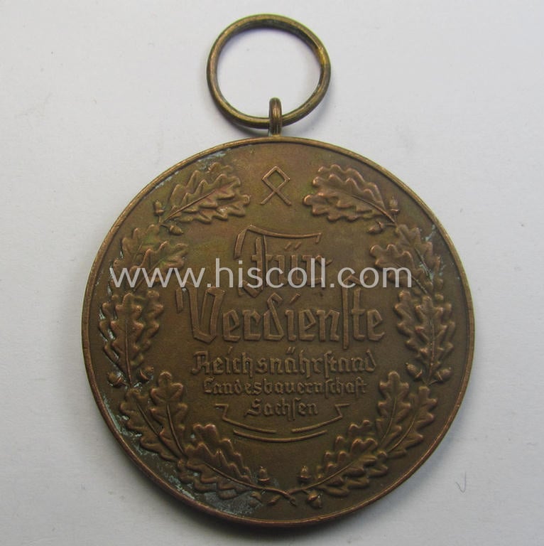 Bronze-toned, typical 'Reichsnährstand'- (ie. 'RNSt.'-) related, (portable) commemorative-award entitled: 'Blut und Boden - Für Verdienste - Reichsnährstand - Landesbauernschaft Sachsen'