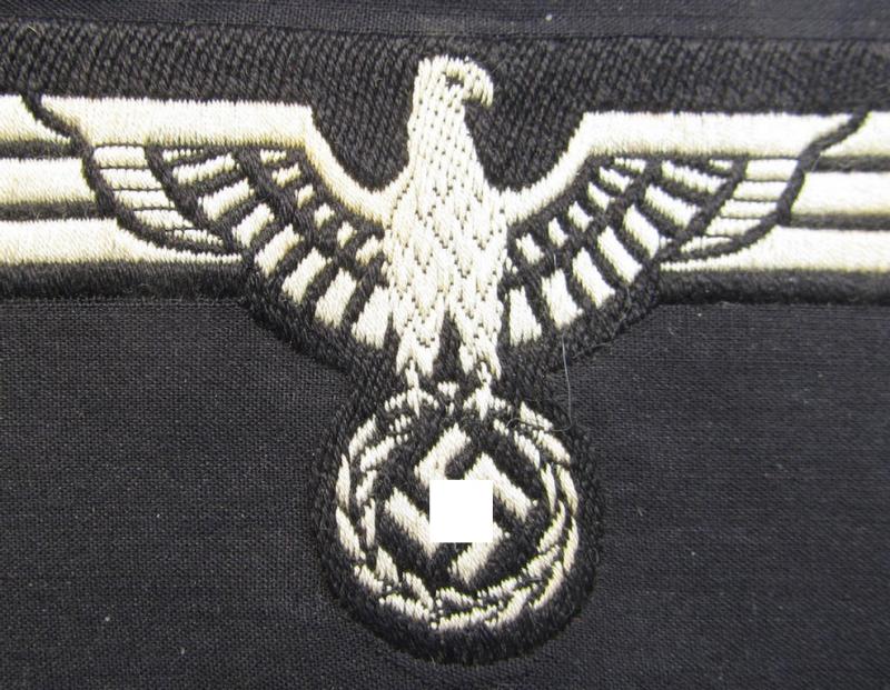 Neat, WH (Heeres) early- (ie. pre-) war-period- and/or white-coloured 'Panzer'-type breast-eagle of the so-called: 'M35'- (ie.'M36'-) pattern as was executed in the neat 'BeVo'-weave pattern on a black-coloured background