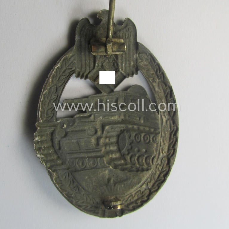 'Hollow'-styled, 'Panzerkampfabzeichen in Silber' (or: silver-class panzer-assault badge or PAB) being a detailed- and/or: zinc- (ie. 'Feinzink'-) based version as was procuced by the: 'B.H. Mayer'- (ie. 'Otto Schickle'-) company