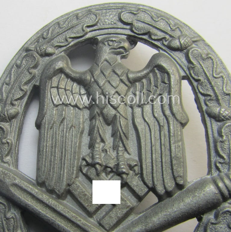 Superb, 'Allgemeines Sturmabzeichen' (or: general assault-badge ie. GAB) being a maker- (ie. 'ÜÜ'- ie. 'E.F. Wiedmann') marked so-called: 'Lily Pad-hinge'-example as was executed in zinc-based metal