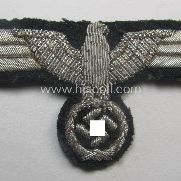 Very detailed - and just moderately used! - WH (Heeres) officers'-type, hand-embroidered breast-eagle (ie. 'Brustadler für Offiziere') as executed in bright-silverish-coloured braid as was intended for usage on the various officers'-pattern tunics