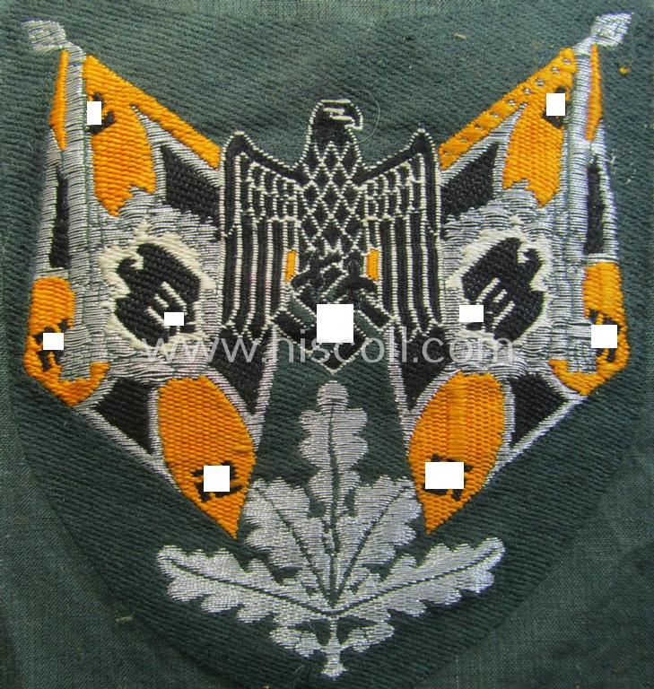 Superb - and scarcely encountered! - WH (Heeres), flat-wire- (ie. 'BeVo'-) woven 'Ärmelabzeichen für Fahnenträger des Heeres' as was intended for a soldier (ie. NCO) who served within a: 'Aufklärungs- o. Kavallerie'-unit