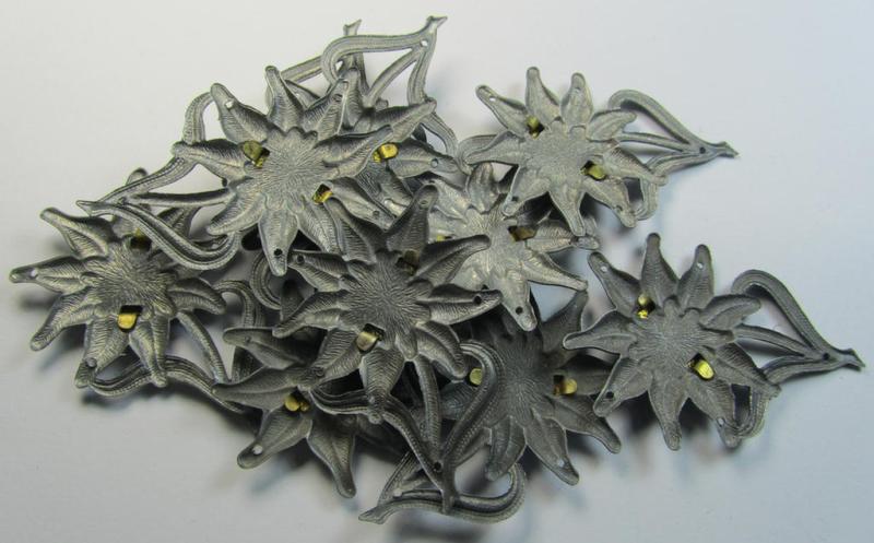 WH (Heeres) silver-greyish-coloured and zinc-based (albeit non-maker-marked) so-called: M43-cap-badge (ie. 'Mützenabzeichen') depicting an: 'Edelweiss'-flower as was used by the various 'Gebirgsjäger'- (ie. mountain-troops-) related divisional-...