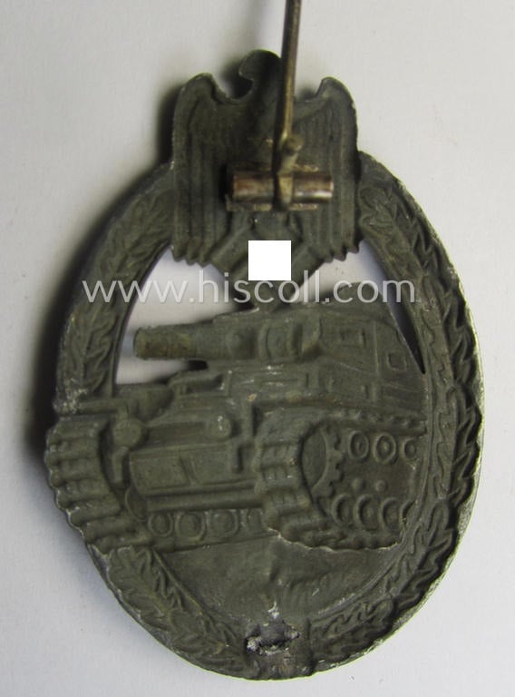 Incomplete 'hollow'-styled, 'Panzerkampfabzeichen in Silber' (or: silver-class panzer-assault badge or PAB) being a zinc- (ie. 'Feinzink'-) based version as was procuced by the: 'B.H. Mayer'- (ie. 'Otto Schickle'-) company