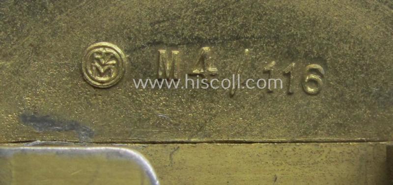 'N.S.D.A.P.'- (ie. 'politischen Leiter'-) related bright golden-toned- and/or aluminium-based belt-buckle being a maker- (ie. 'RzM' - 'M4/116'-) marked example that comes in a moderately used- ie. worn, condition