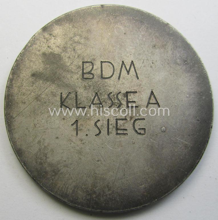 Superb, silver-toned 'HJ'- ('Hitlerjugend') ie. 'BDM'- ('Bund Deutscher Mädel') related commemorative-plaque (ie. 'Erinnerungs- o. nichttragbare Plakette') entitled: 'Bann - Untergau - Schi-Meisterschaften - 1941 - BDM Klasse A - 1. Sieg'