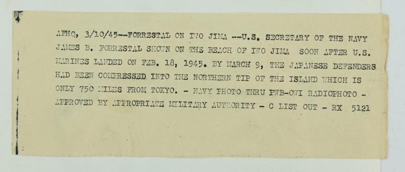 US WW2 Press Photo 'Forrestal on Iwo Jima'