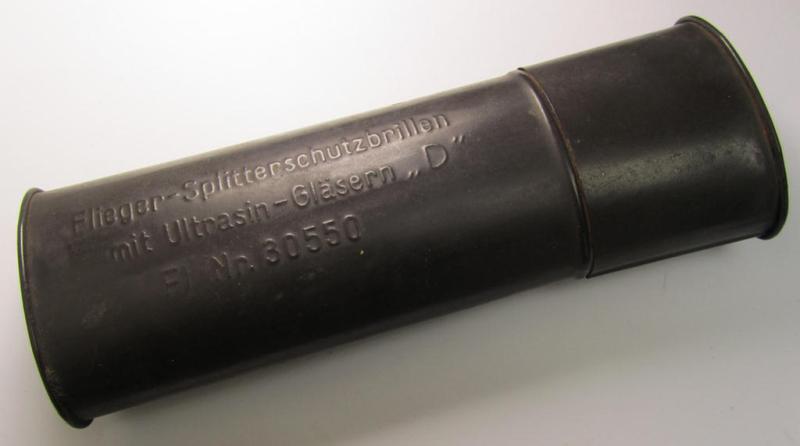 Superb - and/or fully undamaged! - example of a WH (Luftwaffe) pilots'-flight-goggles (ie.: 'Flieger-Splitterschutzbrillen mit Ultrasin-Gläsern “D” - Fl 30550' that comes stored in its period, metal-based etui (ie. container)