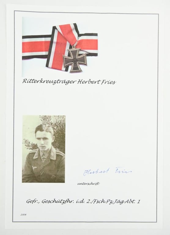 Signature of Luftwaffe Fallschirmjager KC Recipient 'Herbert Fries'