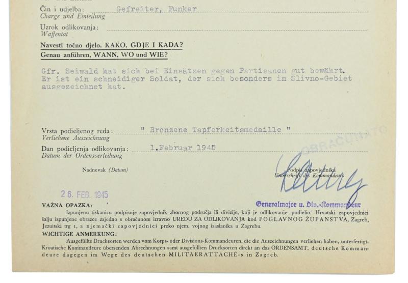 Croatian/German WW2 Bronze Bravery Medal Certificate 'Josef Seiwald'
