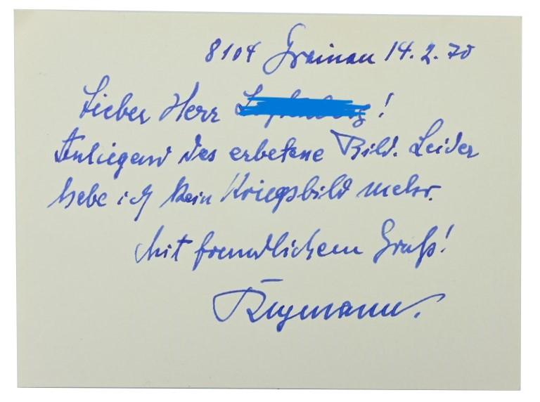 Signature of Wehrmacht KC &OLC Reciepient 'Hellmuth Reymann'