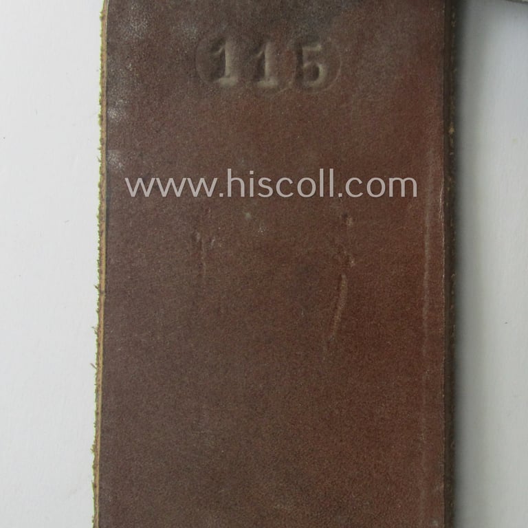 Hardly used, early- (ie. mid-) war-period, black-coloured WH (Heeres, Luftwaffe, Waffen-SS etc.) 'standard-issue'-pattern belt (ie. 'Koppelriemen') being a 115 cms. sized example that shows a (clear) makers'-designation and/or date: '1941'