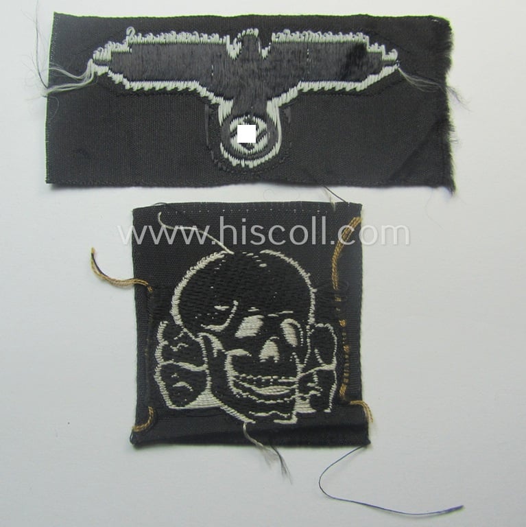 Superb, Waffen-SS, 'BeVo'-woven-style skull- and cap-eagle-set (ie. 'Totenkopf- u. Adler-Effektensatz für Schiffchen o. Einheitsfeldmütze')