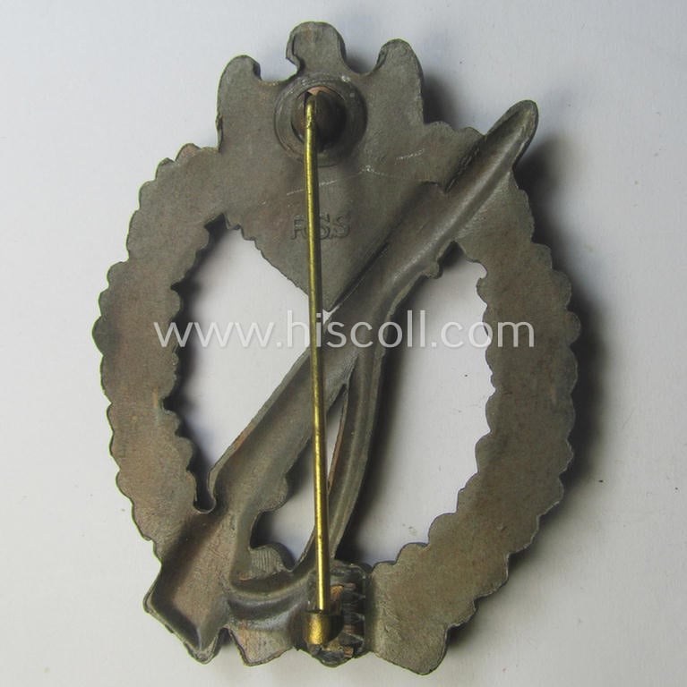 Hardly used, 'Infanterie Sturmabzeichen in Bronze' being a clearly maker- (ie. 'RS&S'-) marked, 'semi-hollow-back' example by the desirable maker: 'Richard Sieper u. Söhne' as was executed in golden-bronze-coloured, zinc-based metal