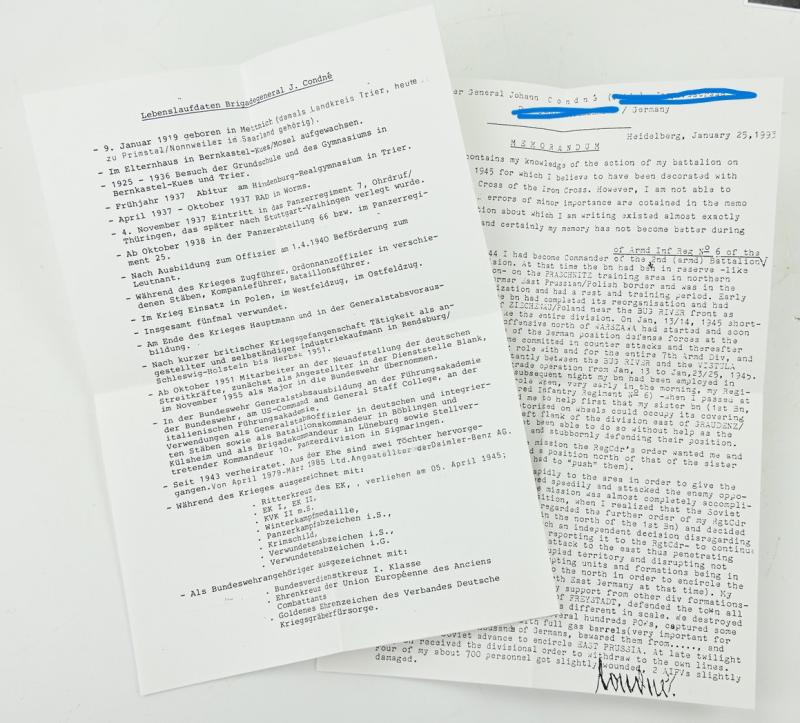 Signature of Wehrmacht Heer KC Recipient 'Johann Condné'