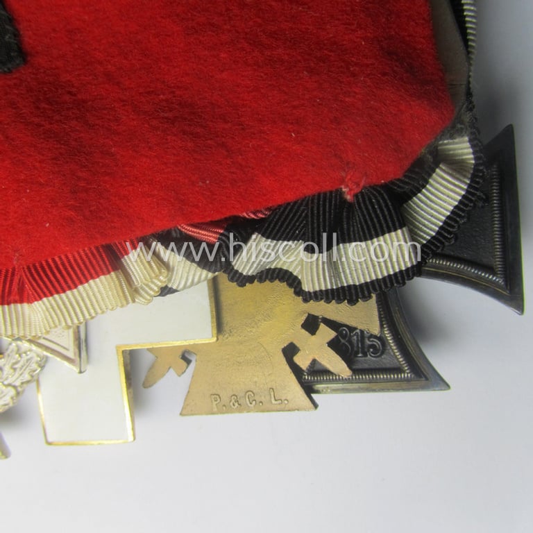 Superb, 8-pieced WWI- (ie. TR-) related medal-bar (ie. 'Ordenspange') depicting an: 'EKII.Kl., an: 'FKK 1914-18 mit S.', an: 'EZ für D. Vp 3. Stf.', a: 'TD-Ez. der 2. Kl.', a: 'Deu. Olympia-E.medaille 1936' and three Austrian WWI-period comm. medals