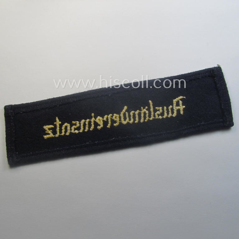 Superb - and actually rarely encountered! - example of the HJ/BDM- ('Hitlerjugend' ie. 'Bund Deutscher Mädel'-) cuff-title (ie. 'Ärmelstreifen') entitled: 'Ausländereinsatz' being an example as executed in the machine-embroidered pattern