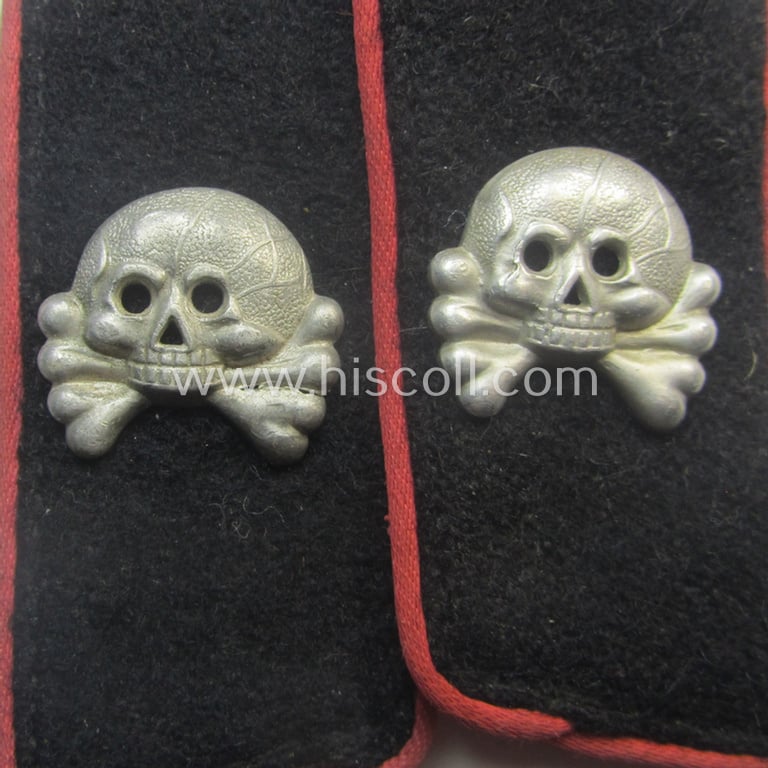 Stunning - and fully matching! - pair of mid- (ie. later-) war-period, WH (Heeres) bright-pink-piped 'Panzer'-collar-tabs (ie. 'Kragenspiegel') each having an aluminium-based and 'two-pronged' skull-device (ie. 'Totenkopf') period-attached