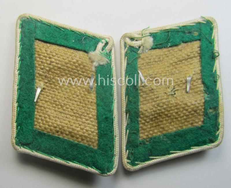 Truly used- ie. worn, pair of fully matching, bright-green-coloured- (and/or white-piped-) WH (Luftwaffe) collar-patches (ie. 'Kragenspiegel') as was intended for usage by a: 'Soldat der LW-Felddivisionen'