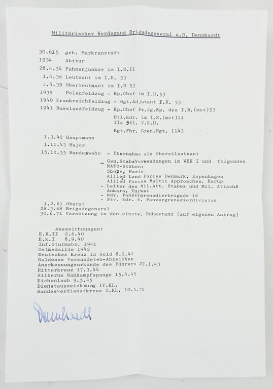 Signature of Wehrmacht Heer KC Recipient 'Oskar-Hubert Dennhardt'