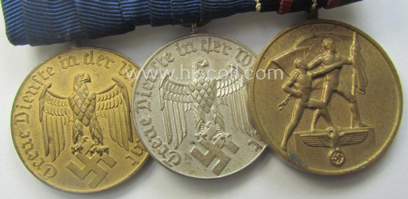 Three-pieced medal-bar (ie. 'Ordenspange') resp. showing two WH (Heeres or KM) so-called: 'DA für 4 u. 12 Jahre treue Dienste' and a: Czech 'Anschluss'-medal '1. Oktober 1938'