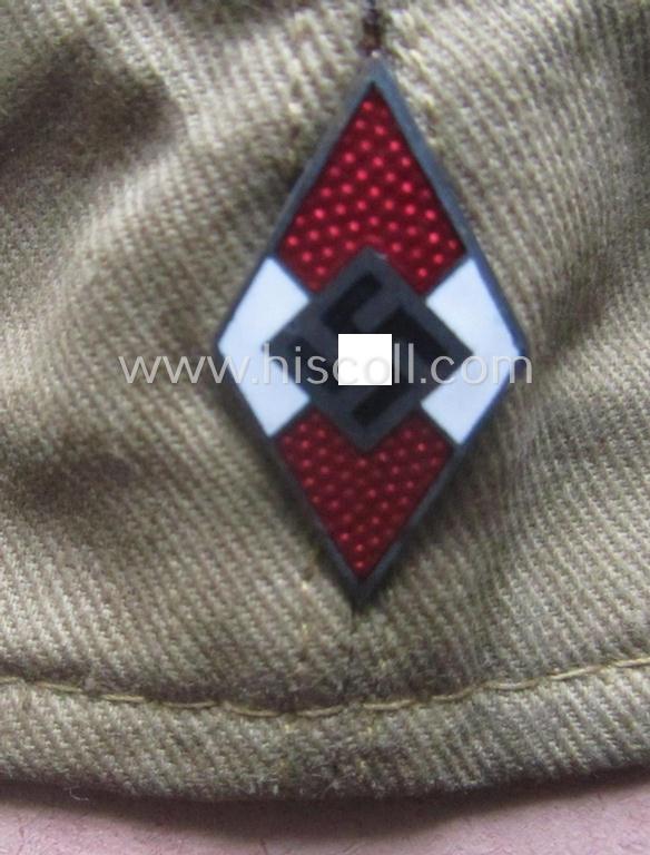 Early-pattern, HJ (ie. Hitlerjugend) beige- (ie. tan-) coloured, 'M34'-pattern side-cap (ie. 'Schiffchen o. Sommermütze nach Vorschrift der RJF') being a minimally used example
