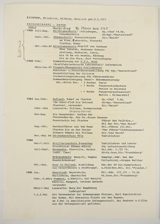 Signature of Waffen-SS Knight's Cross Recipient 'Friedrich Richter'