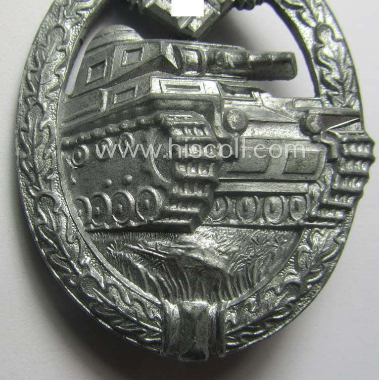'Panzerkampfabzeichen in Silber' being a neatly maker- (ie. 'HA'-) marked- and/or typical zinc- (ie. 'Feinzink'-) based specimen as was produced by the desirable 'Hersteller' (ie. maker): 'Hermann Aurich'