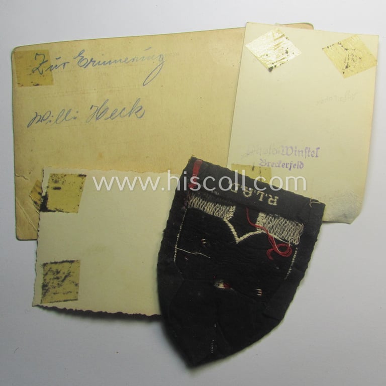 Truly used, EM- (ie. NCO-) pattern, so-called: RAD (ie. 'Reichsarbeitsdienst') sleeve-badge (or: 'Dienststellenabzeichen') bearing the specialist- ie. unit designation: '206/8' and that came with 3 photographs of its bearer