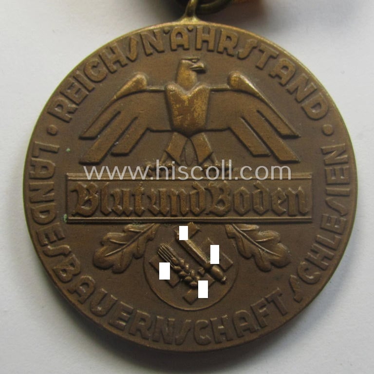 Golden-bronze-toned, typical 'Reichsnährstand'- (ie. 'RNSt.'-) related, (portable) loyal-service-award entitled: 'Reichsnährstand - Landesbauernschaft Schlesien - Für 30 Jahre Treue und Fleiss'