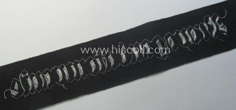 WH (Heeres) related cuff-title (ie. 'Ärmelstreifen') being a typical black-coloured- and linnen-based example showing the (neatly silver-toned- and 'flatwire'-woven!) text that reads: 'Propagandakompanie'