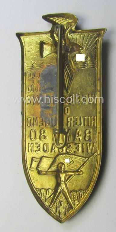 HJ (ie. 'Hitlerjugend') related 'tinnie' ie. 'Veranstaltungsabzeichen' being a maker- (ie. 'Paulmann u. Crone'-) marked example showing a sunburst, sea-gull and HJ-flag-bearer and text: 'Werbewoche der Hitler Jugend - Bann 80 - Wiesbaden'