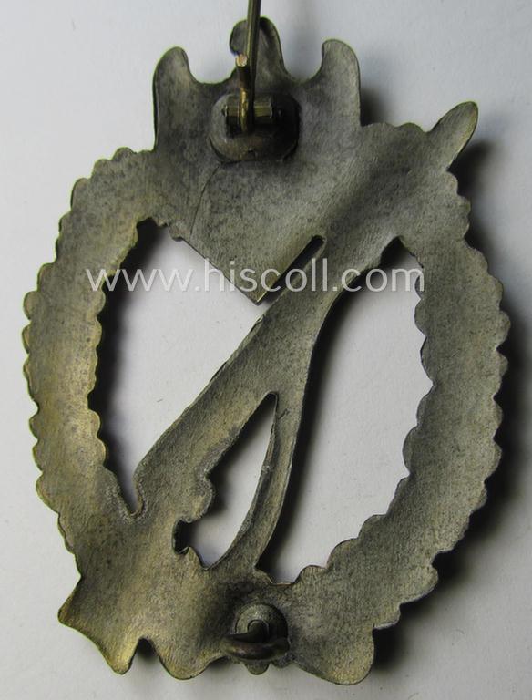 'Infanterie Sturmabzeichen in Bronze' (or: bronze-class infantry-assault-badge ie. IAB) being a non-maker-marked, so-called: 'semi-hollow-back'-example as was (I deem) produced by the: 'R.A. Karneth u. Söhne'-company