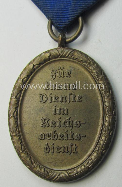 Attractive example of a: RAD (ie. 'Reichsarbeitsdienst'): 'Dienstauszeichnung 4. Stufe für Männer' as was intended for 4 years loyal-service and that comes mounted onto its period (broad-sized) ribbon (ie. 'Bandabschnitt')