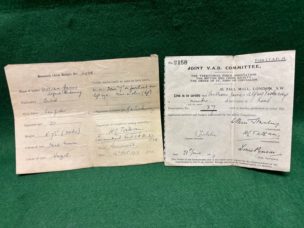 Kent Voluntary Aid Detachment Red Cross Brassard Certificate