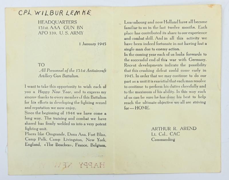 US WW2 Happy New Year Leaflet '131st AAA'