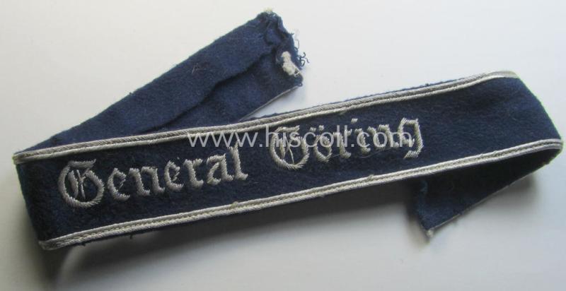 Superb - and scarcely found! - example of a WH (LW) cuff-title ie. armband (ie. 'Ärmelstreifen') entitled: 'General Göring' (being a hand-embroidered officers'- (ie. NCO-) pattern example that comes in a truly worn and/or tunic-removed, conditio...