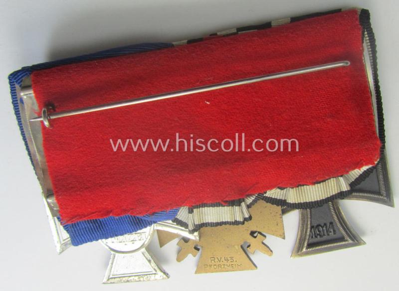 3-pieced 'WWI'- (ie. TR-/Polizei) related medal-bar (ie. 'Ordenspange') resp. depicting a WWI-period: 'EK II.Kl.', a: 'FKK 1914-18' and a: 'Polizei-D.A. 2. Stufe' (or: police loyal-service medal 2nd class)