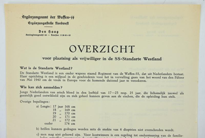 Dutch Waffen-SS Recruitment Form ''Westland'